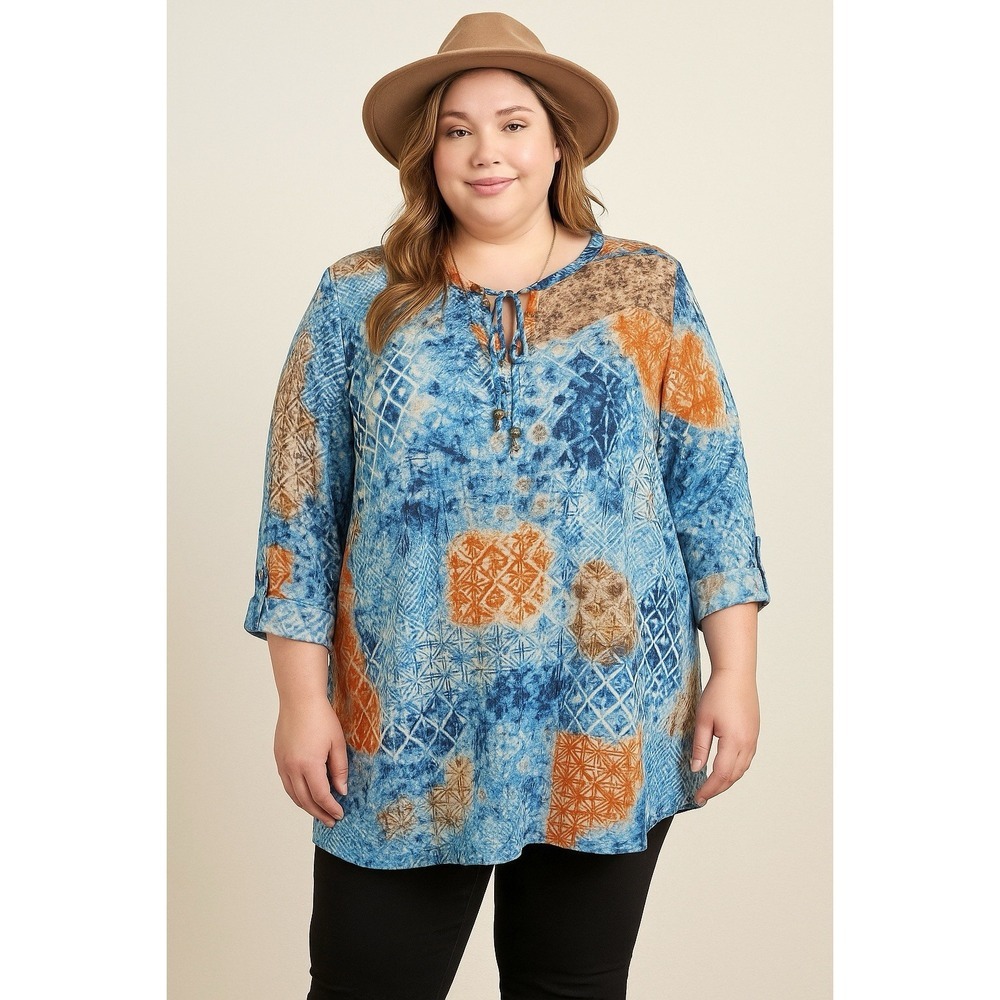 Catherines Tunic 18/20WP Mesh Abstract Lined Shark Bite‎ Hem 3/4 Sleeves Boho